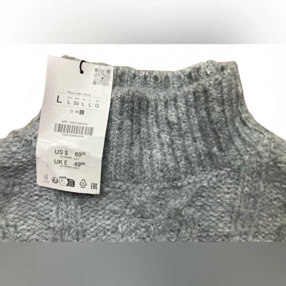 Zara Grey Cable‎ Knit Mock Neck Sweater Beaded Hem NWT Size Large - Picture 4 of 12